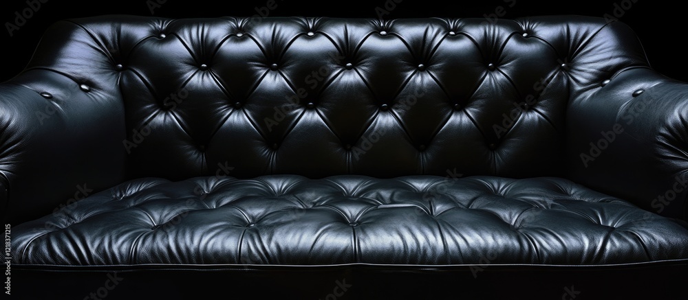 Poster black leather sofa with tufted design on a dark background emphasizing luxury and comfort showcasing