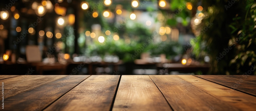 Poster wooden table surface in foreground with blurred outdoor greenery and warm lights in background creat