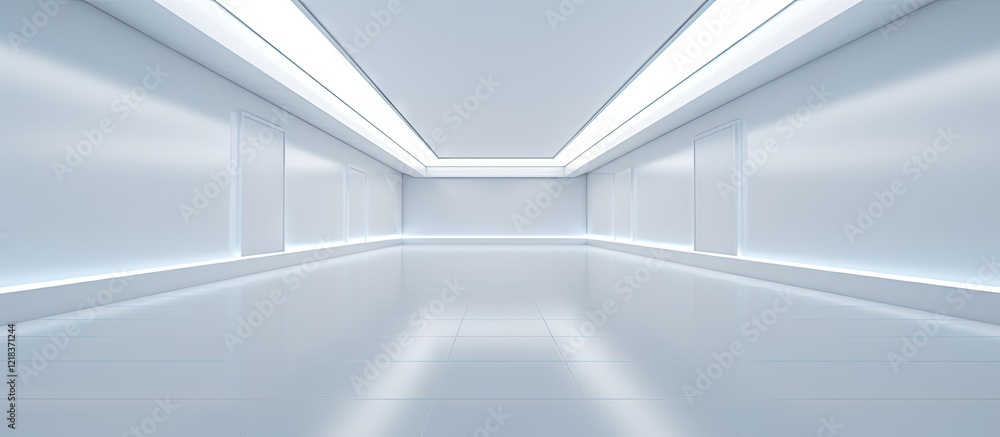 Aufkleber spacious modern exhibition hall with glossy white floors and illuminated ceiling lights creating a b