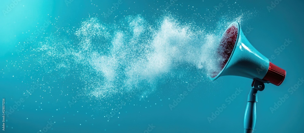 Aufkleber vintage megaphone emitting a cloud of colorful powder against a teal background, creating a dynamic 