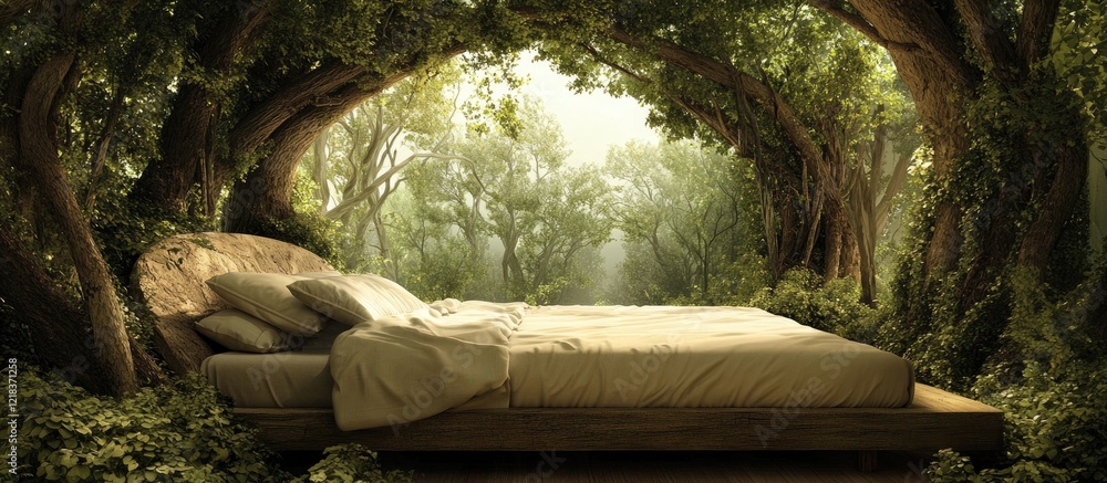 Poster Serene bed in lush green forest setting surrounded by leafy branches and soft natural light creating a tranquil atmosphere for relaxation