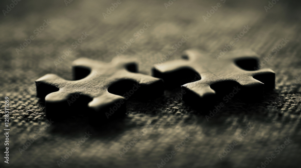 Poster puzzle pieces on textured surface, symbolizing connection and problem solving. dark tones create moo
