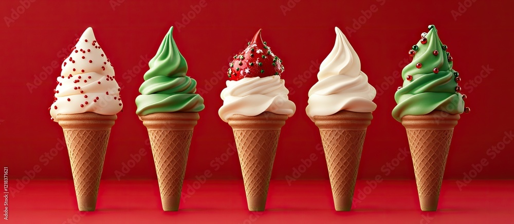 Aufkleber stylish ice cream cones with white, green, and red toppings arranged in a row against a vibrant red 