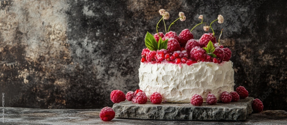 Poster delicious white raspberry cake adorned with fresh raspberries and mint leaves on a textured stone su