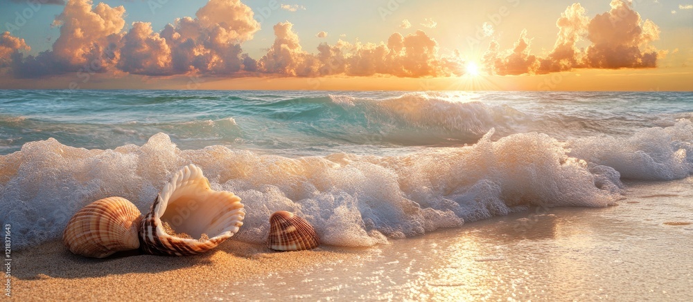 Poster sundrenched beach scene with seashells on sandy shore waves gently rolling in under golden sunset cl
