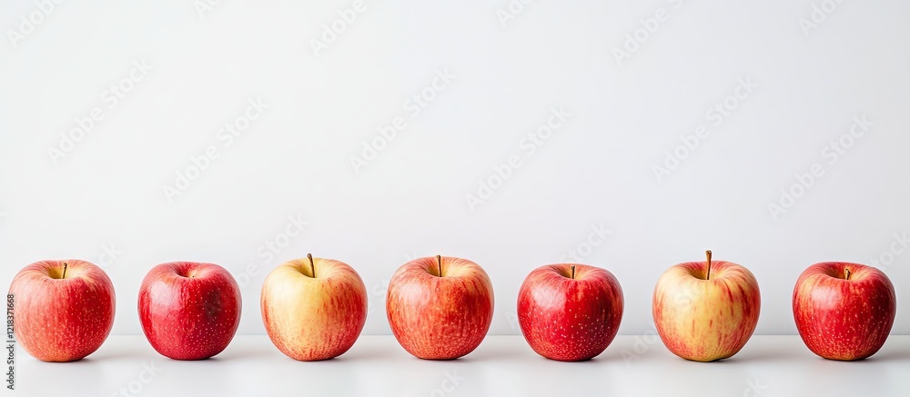 Poster fresh red apples arranged in a line on a soft white background showcasing vibrant colors, perfect fo