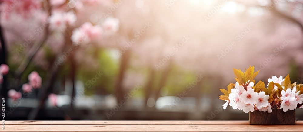 Aufkleber empty wooden table in sakura flower park with soft pink and green bokeh background showcasing spring
