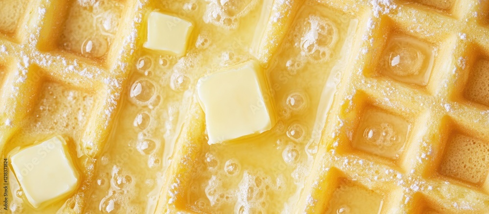 Poster golden brown waffles topped with melting butter viewed from above showcasing crispy edges and fluffy