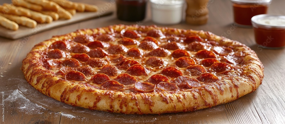 Poster savory pepperoni pizza on a wooden table with fresh breadsticks and vibrant tomato sauce in the back