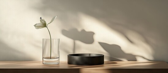 Minimalist interior design featuring a wooden table with a clear glass vase holding a single flower and a dark circular decorative element casting shadows.