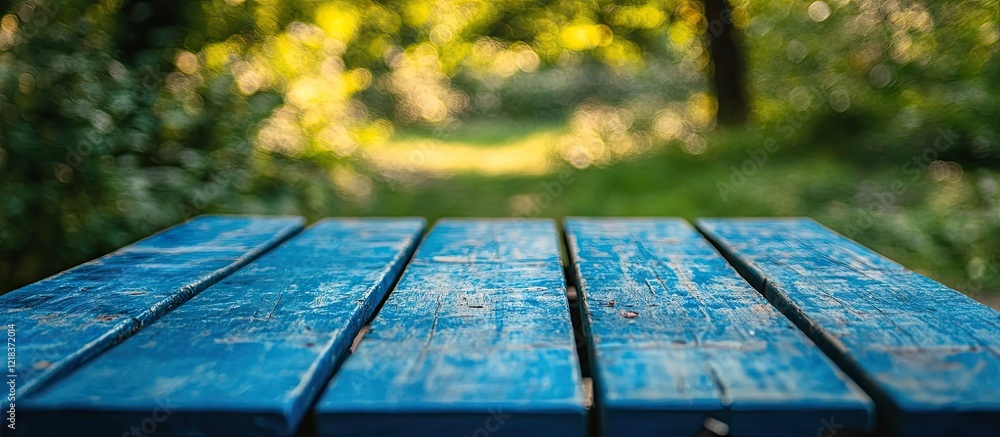Poster blue wooden table in a tranquil garden setting with blurred greenery in the background highlighting 