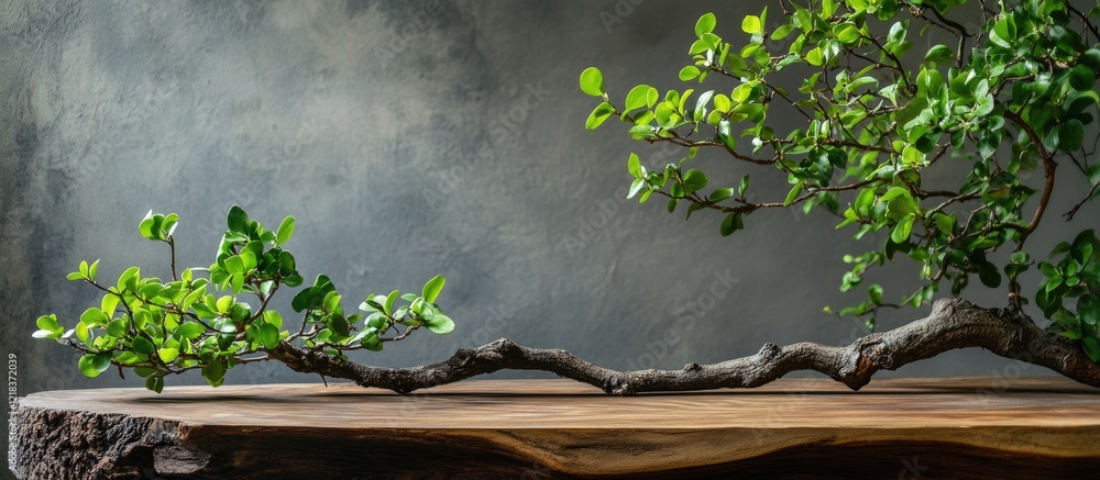 Poster a sleek wooden tabletop with a twisted branch and vibrant green leaves against a textured gray backg