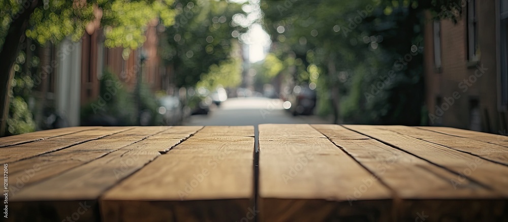 Aufkleber wooden table in foreground with intricate grain texture, blurred vibrant street scene featuring gree