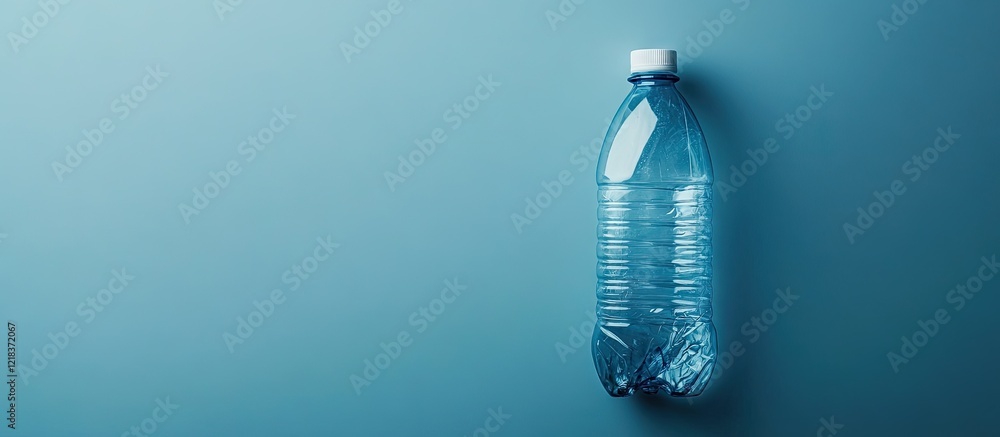 Aufkleber Transparent plastic water bottle placed against a gradient blue background with gentle shadows and reflections creating a clean, minimalist composition.