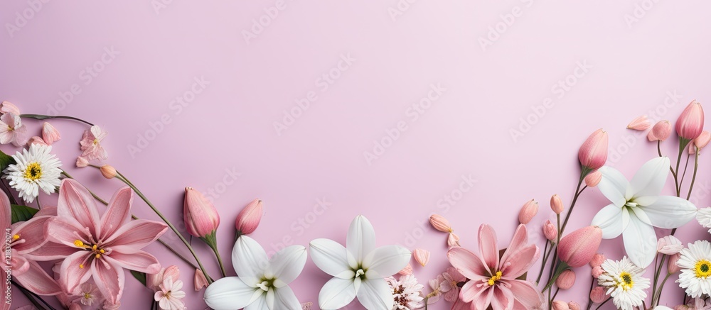 Aufkleber Delicate spring flowers in soft pink and white arranged along the bottom of a pastel pink background creating a serene Easter ambiance.