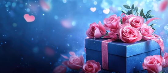Blue gift box with pink roses and ribbon centered against a vibrant blue background featuring softly blurred hearts for celebration themes.