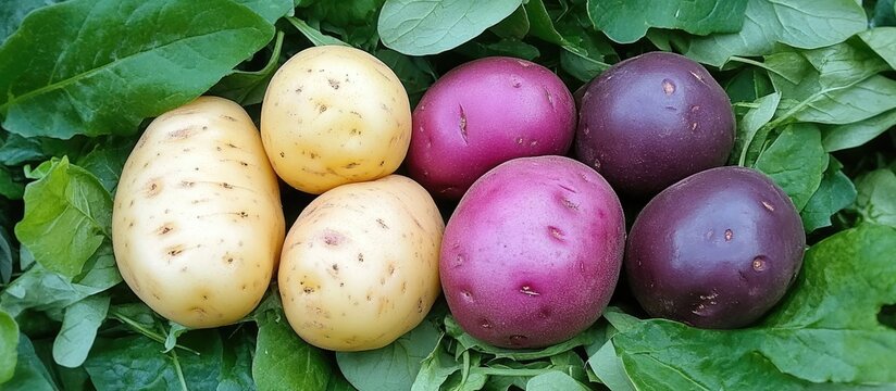 Vibrant arrangement of yellow, red, and purple potatoes on green leafy foliage, showcasing freshness and natural beauty in a lush setting.