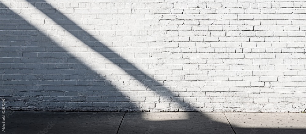 Poster diagonal shadows on a textured white brick wall create depth with stark contrasts in light, emphasiz