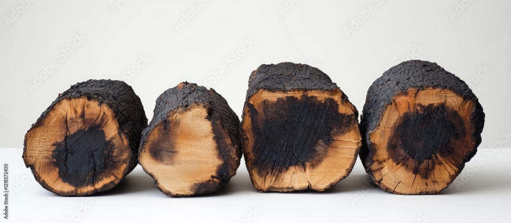 Fototapete neatly stacked logs with deep charred marks display natural wood's beauty against a light background