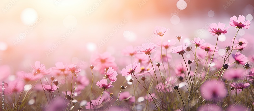 Poster Field of delicate pink wildflowers gently illuminated by warm sunlight with a soft bokeh effect creating a dreamy spring atmosphere