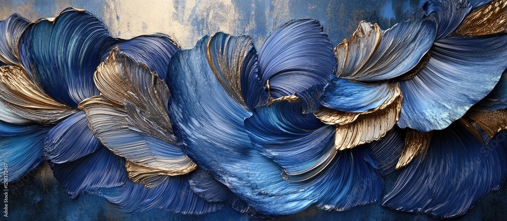 Poster fluid art composition featuring swirling blue waves and metallic gold accents with a smooth gradient
