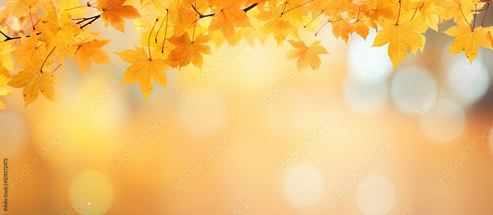 Poster golden autumn maple leaves gently falling against a soft blurred warm orange background with ample c