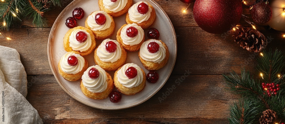 Poster festive cream puffs topped with cherries on a rustic wooden table surrounded by christmas ornaments 