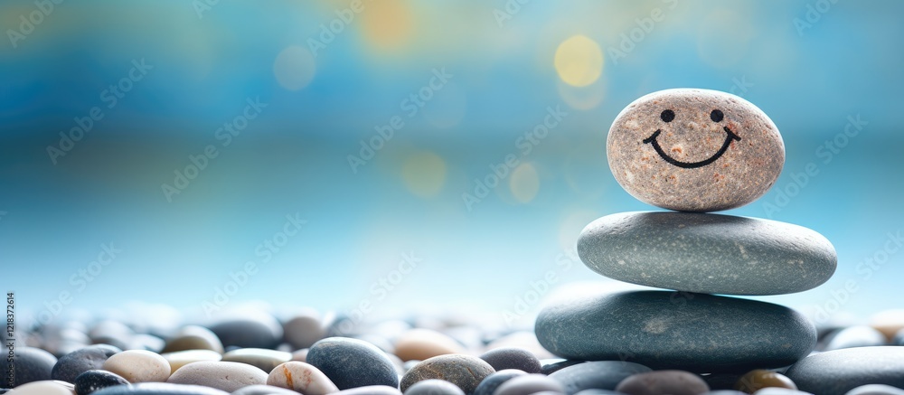 Poster Smiling stone atop three smooth pebbles on a sandy beach with a soft blue background and warm bokeh lights creating a tranquil atmosphere.