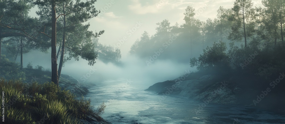 Poster misty river landscape at dawn with soft blue and green tones, serene water reflecting surrounding tr