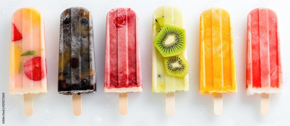 Poster Assorted colorful fruit popsicles arranged symmetrically on a white background with visible textures and vibrant fruit pieces including strawberries and kiwi