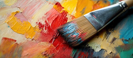 Fototapeta premium Colorful paint palette with vibrant red, yellow, and orange hues in the foreground, showcasing a paintbrush resting on textured paint strokes.