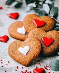 Obraz premium Delicious Heart Shaped Gingerbread Cookies with Red and White Icing for Valentine s Day