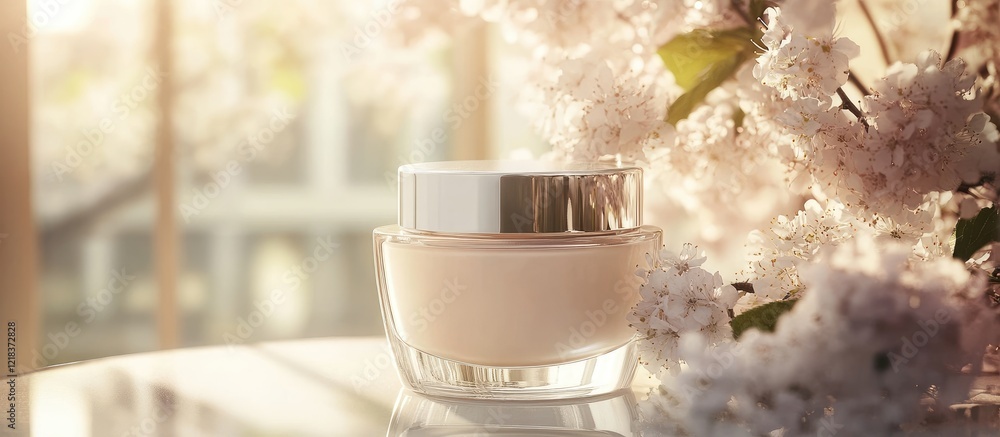 Aufkleber elegant face cream container in soft pink on a reflective table surrounded by delicate white flowers