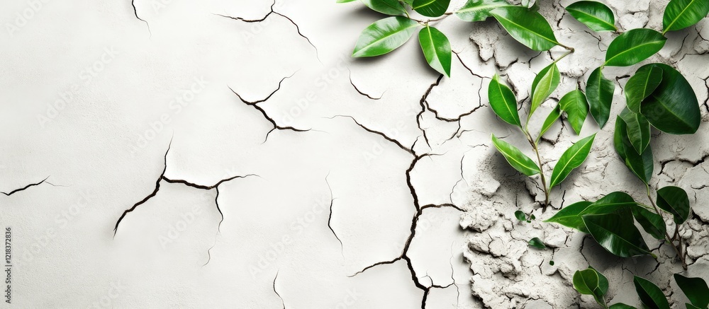 Aufkleber Cracked dry wall background with green leaves on the left side creating a contrast between dryness and life with natural textures in soft lighting