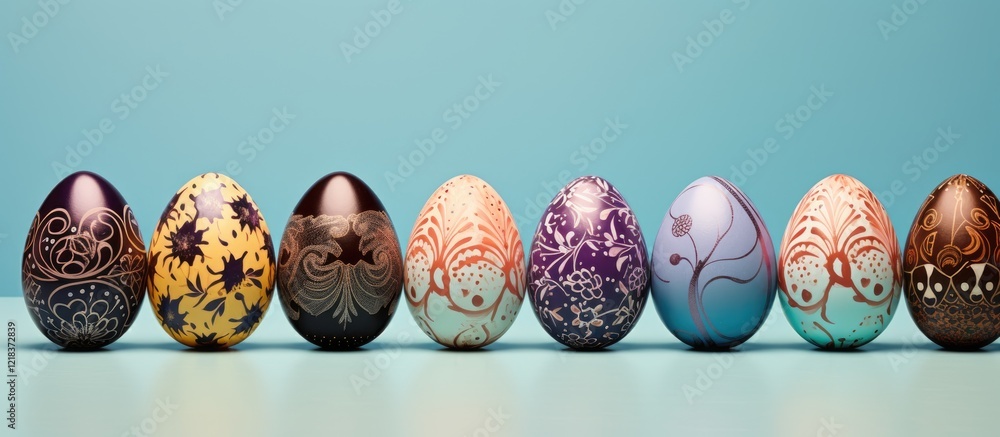 Poster colorful decorated chocolate eggs in a row against a pastel turquoise background, featuring intricat