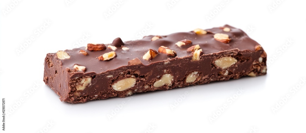 Poster nutty chocolate bar with a rich texture displayed on a white background highlighting the glossy surf