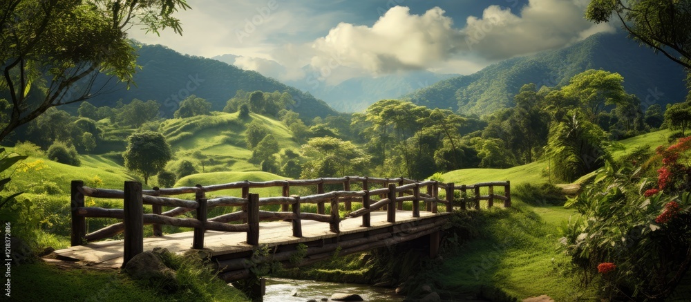 Aufkleber Serene landscape view featuring a rustic wooden bridge crossing a gentle stream, surrounded by lush green hills and trees under soft skies.