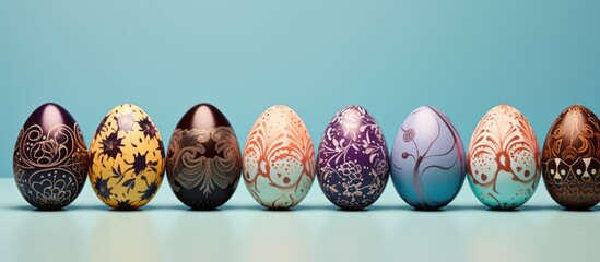 Colorful decorated chocolate eggs in a row against a pastel turquoise background, featuring intricate patterns and space for your text or content