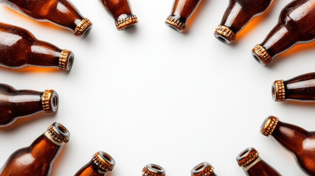 A circular arrangement of brown glass beer bottles on a white background, showcasing their design