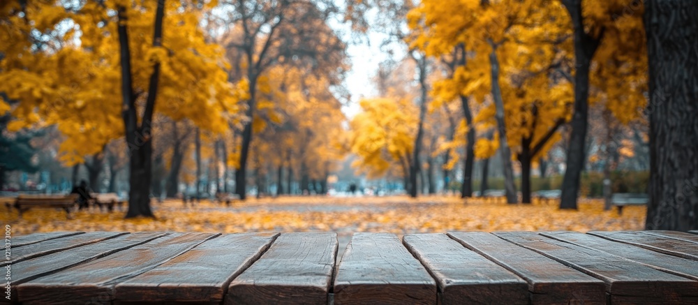 Poster autumn park scene with a blurred background of yellow trees and an empty brown wooden table top in t