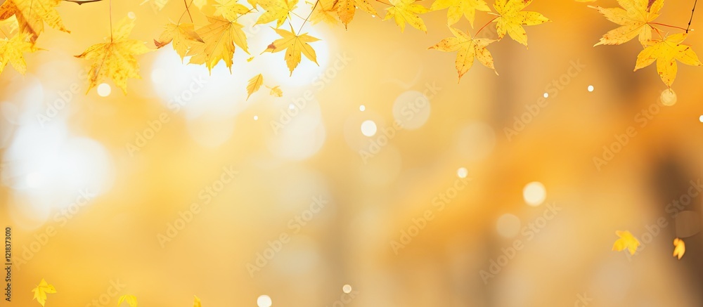 Poster bright golden autumn maple leaves falling from the top with a soft blurred background of warm hues c