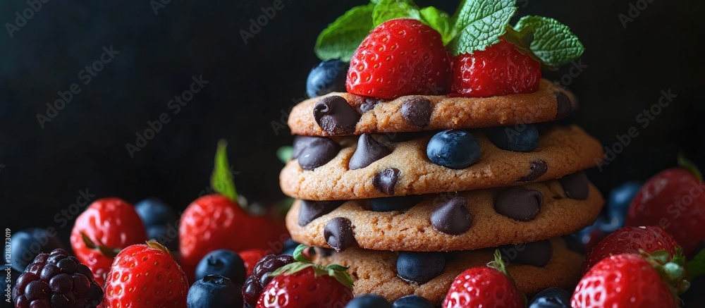 Aufkleber stack of chocolate chip cookies topped with fresh strawberries and blueberries accompanied by mint l