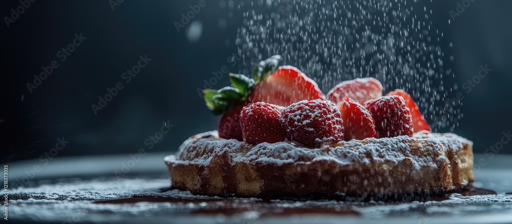 Poster freshly made french toast topped with vibrant red strawberries and a dusting of icing sugar on a dar
