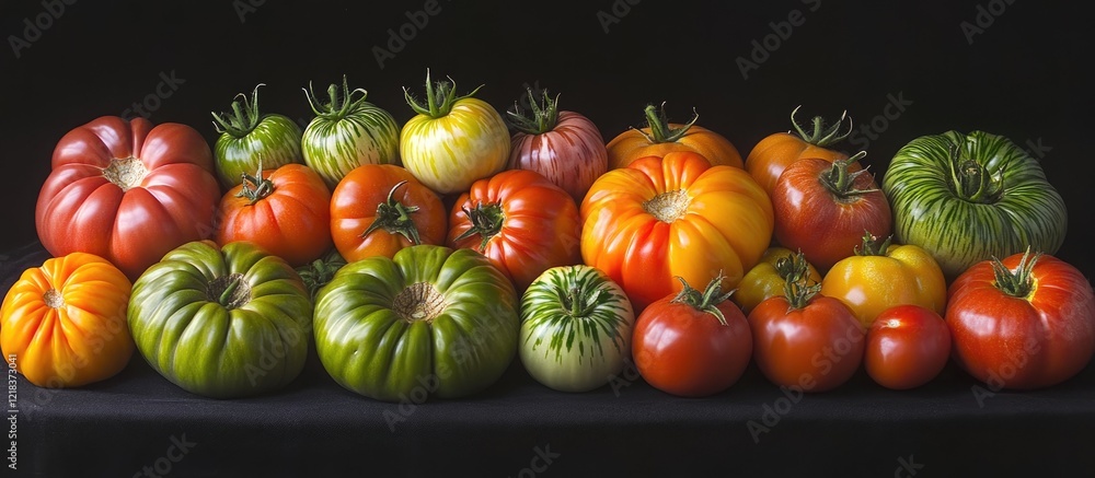 Aufkleber colorful assortment of heirloom tomatoes in varying sizes and shapes arranged on a black background 