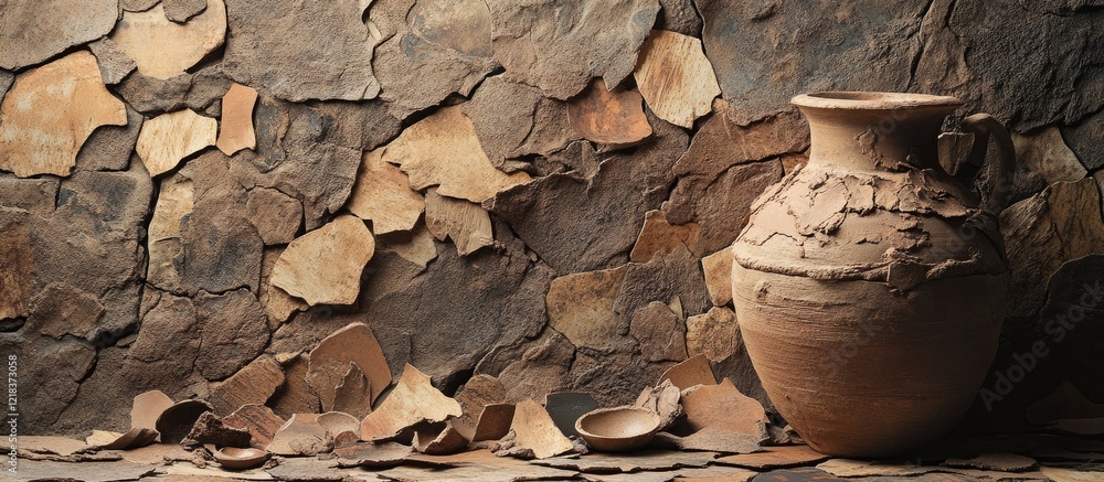Poster Clay pot and fragments on earthy ceramic tiles with scattered tree bark shards creating a rustic, ancient pottery aesthetic in warm brown tones.