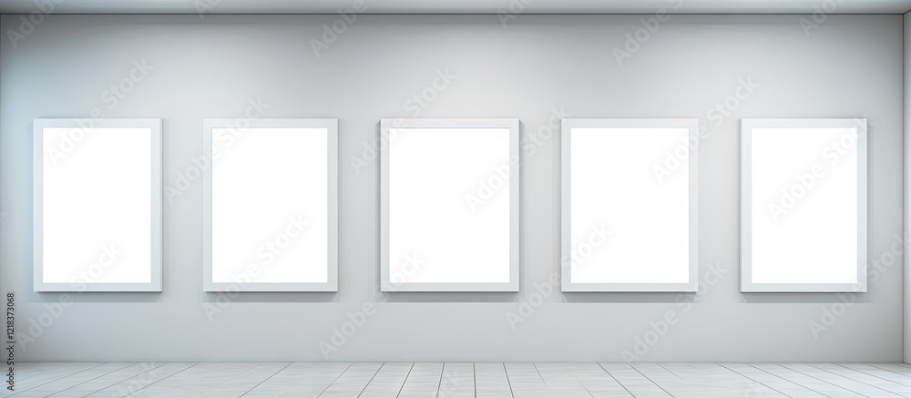 Leinwandbilder Bright minimalist gallery with five empty white frames on a light gray wall, showcasing a spacious and uncluttered artistic environment.