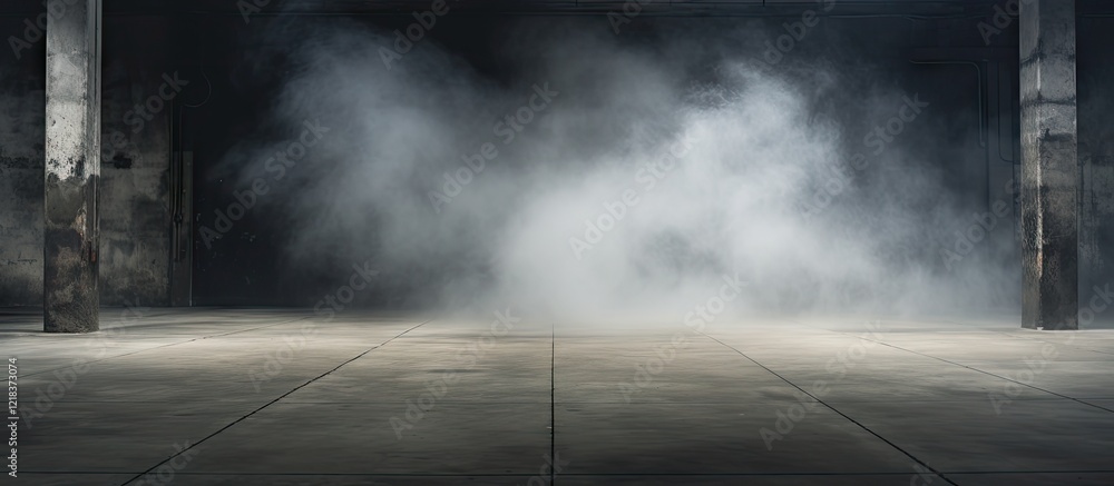 Aufkleber abandoned concrete room with a smooth gray floor and wisps of white smoke rising low, dimly lit crea