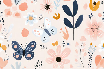 Whimsical floral and butterfly pattern in pastel colors