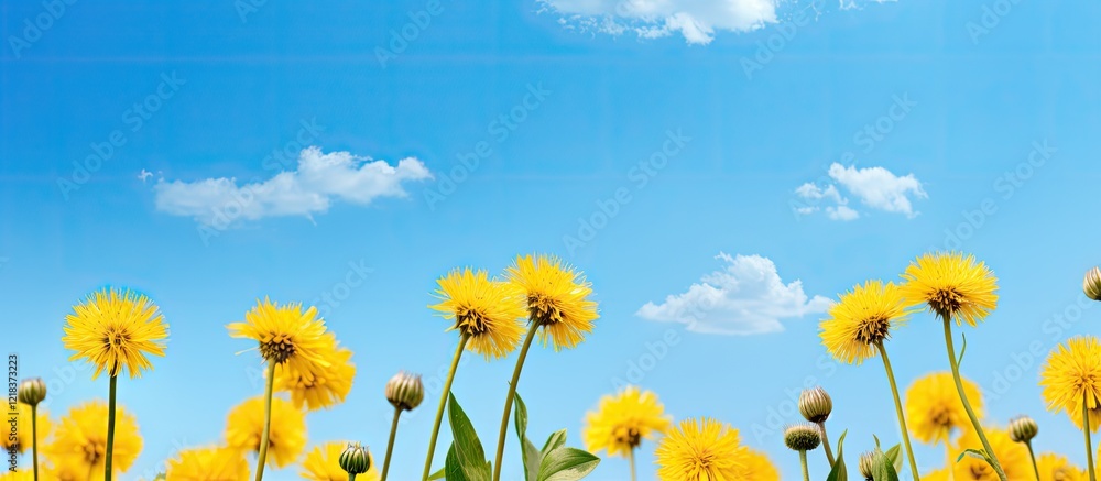 Poster vibrant field of tall yellow dandelions in the foreground against a bright blue sky with fluffy whit
