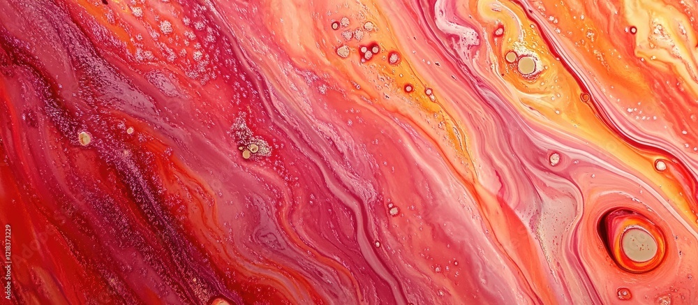 Leinwandbilder Vibrant fluid paint splotches in shades of pink, orange, and red create a dynamic abstract background with smooth, flowing patterns and textures